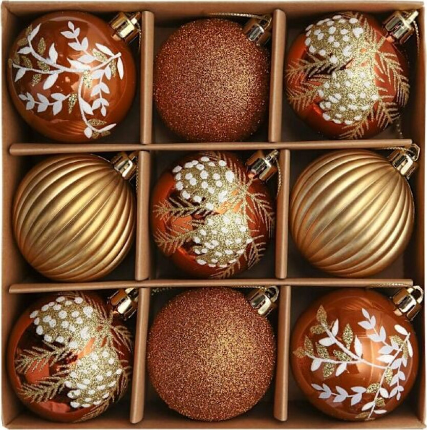 Julekuler, 9 stk 6 cm Kobber og Gull Julekulepynt for Juletrepynt Kobber og Gull Copper and Gold