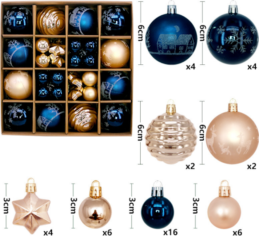 Nye julekuler 44 stk malt spesialformet pappeske 3-6 cm sett julepynt forgylt kule anheng B