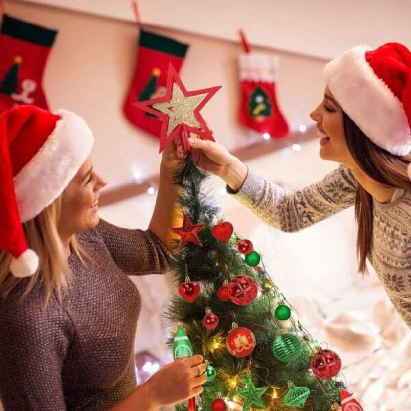 Røde/grønne julekule, plastjulepynt D