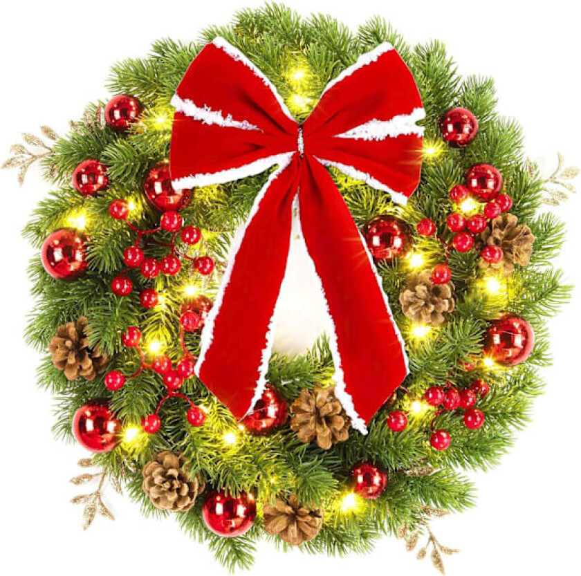 19,7 tommers julekrans til inngangsdøren, julekrans med lys, rød og grønn luksuriøs julekrans for høytiden