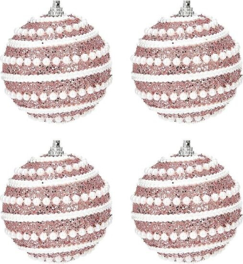 4-delt sett med skinnende rosa juletrepynt, 8 cm julekule
