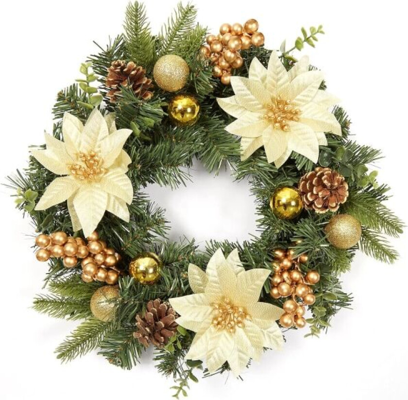 Julekrans, Dørkrans med Julekuler, Juleblomster, Bær og Kongler til Inngangsdør, Peis og Veggdekor - Gull 40cm