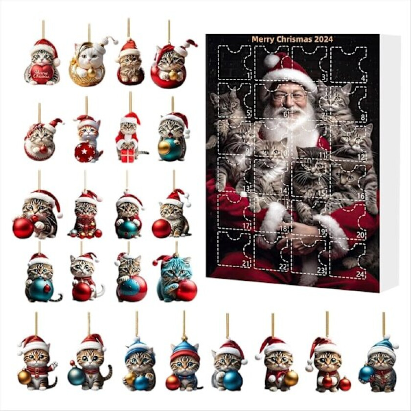Julekalender med nedtelling, 2024 kattedekorasjonskalender, kattetema adventskalender, kattejulkalender, adventskalender for høytiden