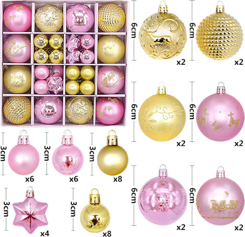 Nye julekuler 44 stk malt spesialformet pappeske 3-6 cm sett julepynt forgylt kule anheng B