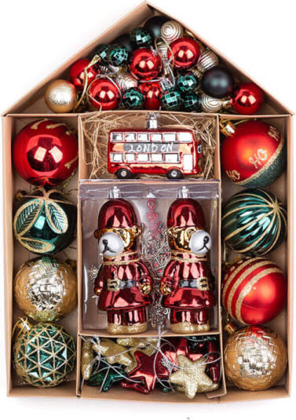 70 stk Røde, Grønne og Gull Julekuler til Juletreet, P