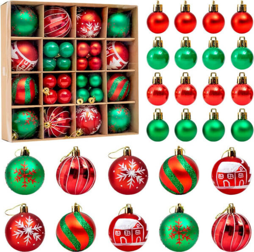 44 stk. knusebestandige julekuler til juletre, bryllupsfest, festival (rød/grønn)