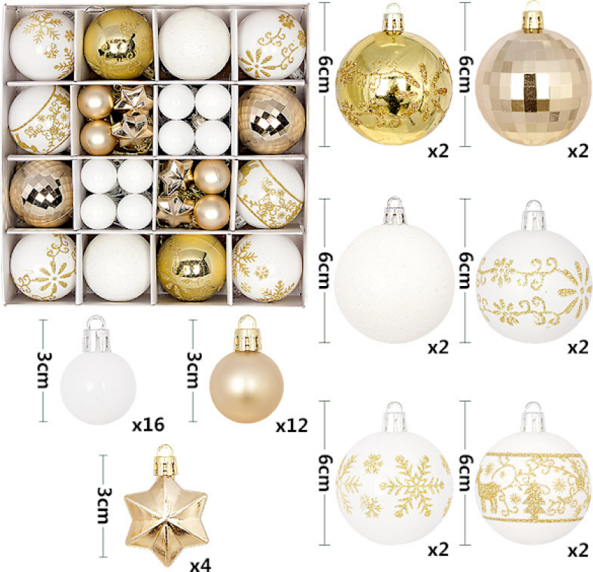 Nye julekuler 44 stk malt spesialformet pappeske 3-6 cm sett julepynt forgylt kule anheng B