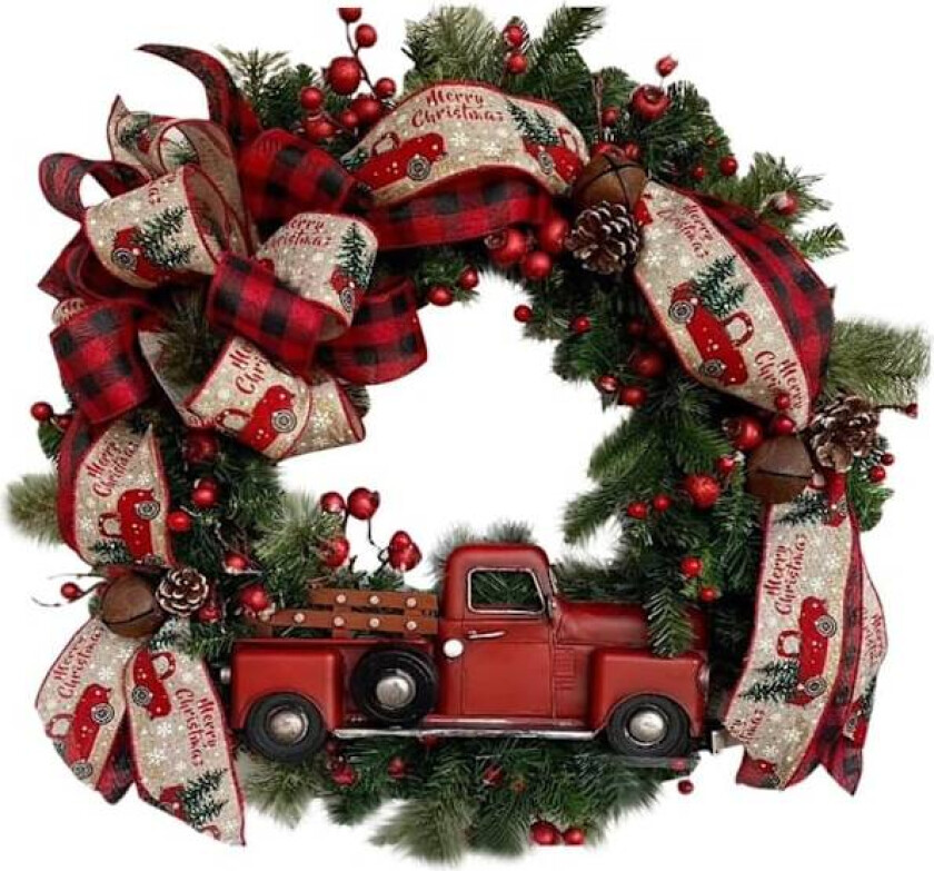 Julekrans til inngangsdøren, 16 tommer rød lastebil julekrans med røde bær, furukongler og sløyfer, vintage rutete