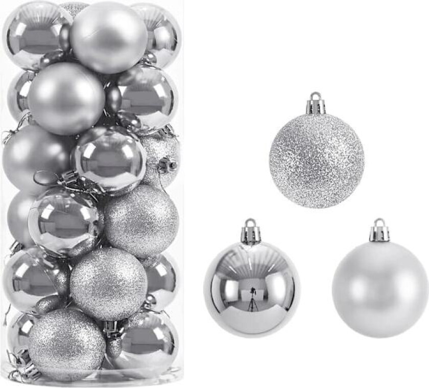 24 Julekuler Ornamenter 4CM for Juletre Julepynt Knusefrie Kroker Inkludert (Sølv-M-6CM)
