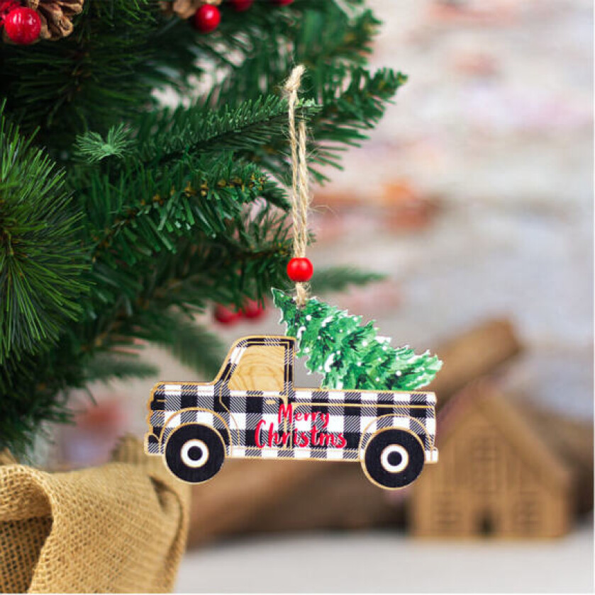 1 stk grå julepynt Trenettet bil Julenissen trepynt Malte juletreanheng