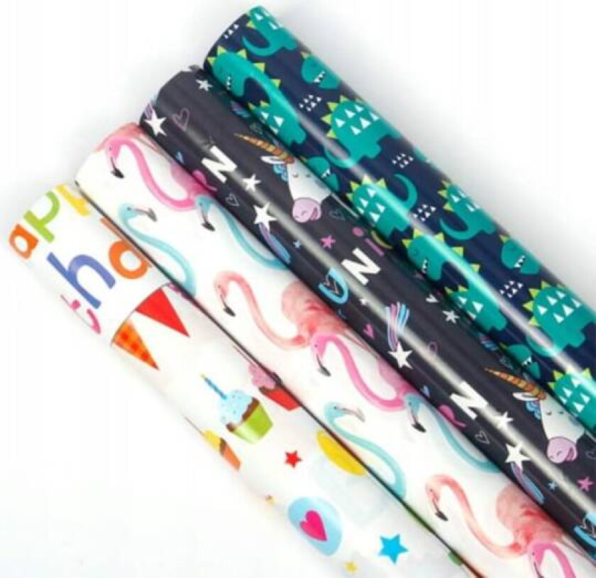 Gavepapir, Julegavepapir, 8 ark (Anime Dinosaur + Unicorn + Flamingo + Dinosaur)