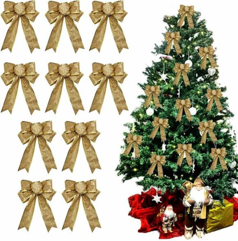 10 Stykker Gavebånd Julebånd Juletrepynt Glitterbånd Julebånd Pynt til Gaveesker, Fester, 25 * 20 CM (Rød) gold