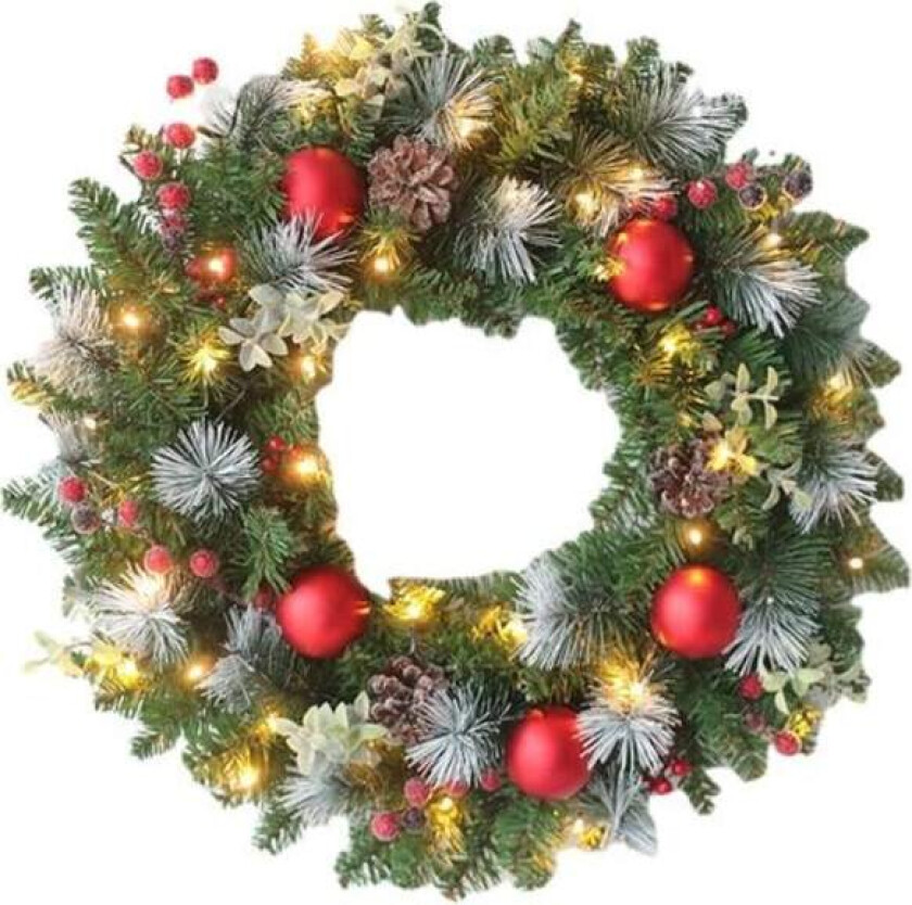 Julekrans for inngangsdørdekorasjon med furukongler og snøflak (30CM, 20 LED-lys)