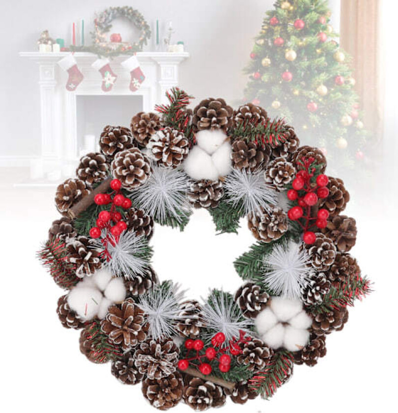 Julekrans 13,7 tommer Kunstig Julekrans Dekorert med Furukongler og Bomull for Innendørs og Utendørs Juledekorasjoner