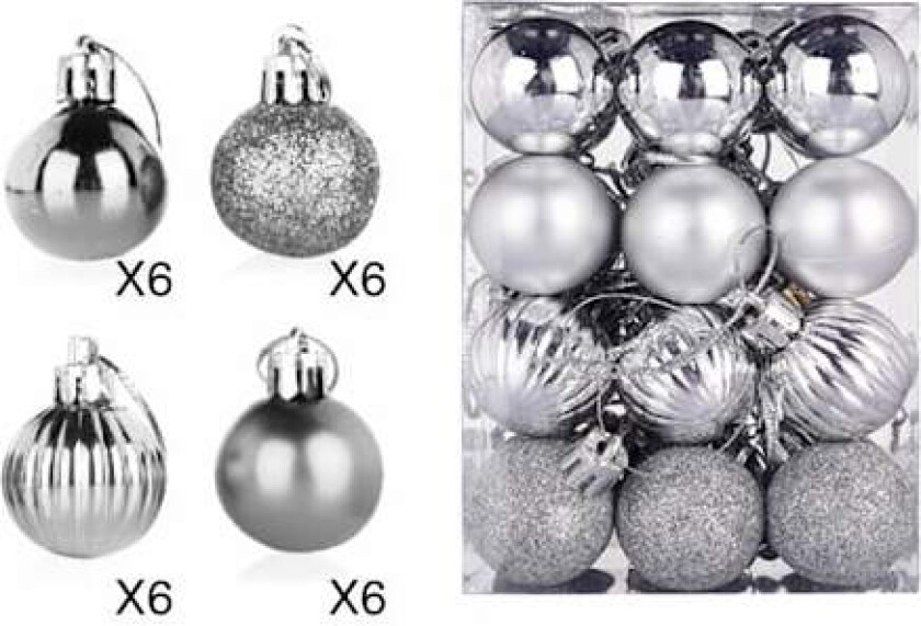 Sølv julekuler, 24 stk julepynt sølv
