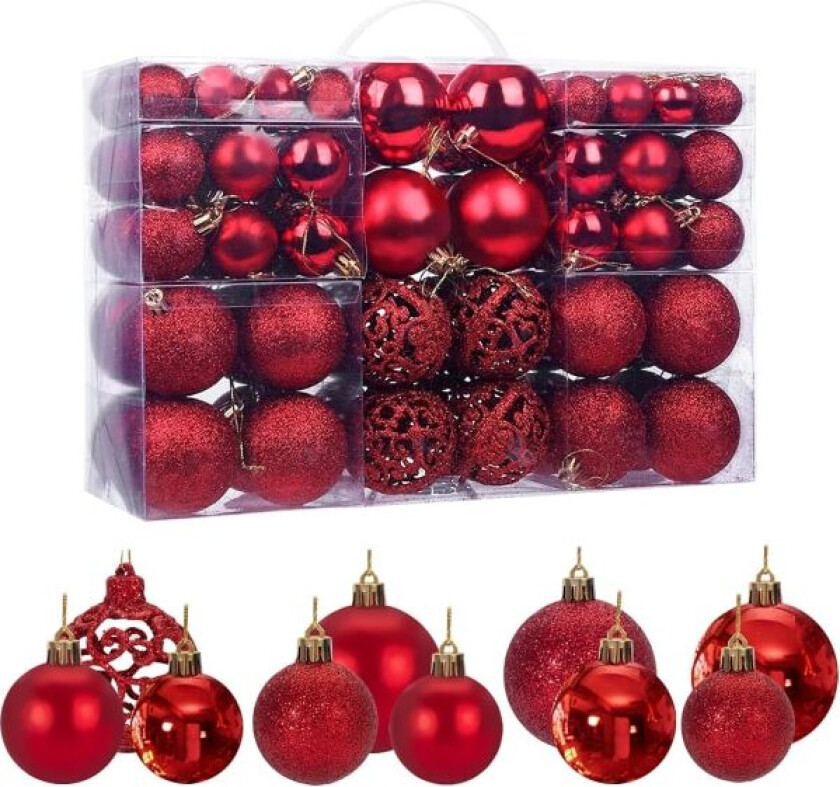 Pakke med 100 røde julekuler til juletreet, glitrende, ugjennomsiktige, skinnende dekorasjoner, diameter 3, 4 og 6 cm