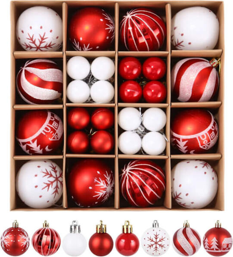 Julekuler Sett, 44 Stykker Plastjulekuler Sett, Juletrepynt Hvite Julekuler, Røde Julekuler