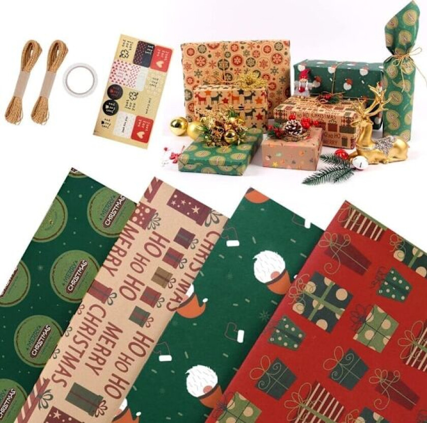 Julegavepapir, 4 stk. Bursdagsgavepapirark Resirkulerbart Gavepapir med 2 Tau, 1 Dobbeltsidig Tape, 1 Klistremerke, Brun Julegavepapir
