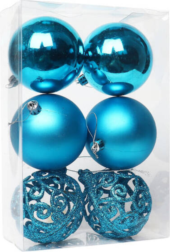 Et sett med 24 hule julekuler i plast med 4 farger som