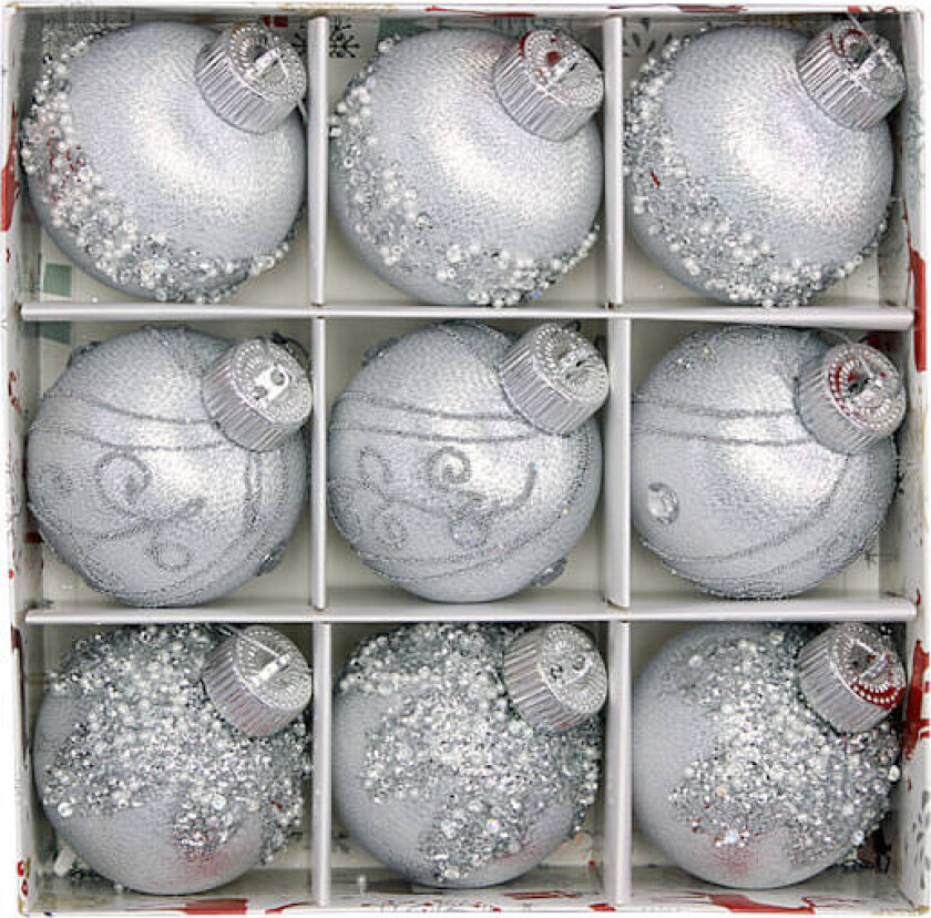 Ni julekuler med silkebånd, malte kuler, 8 cm, i en boks, julepynt grau