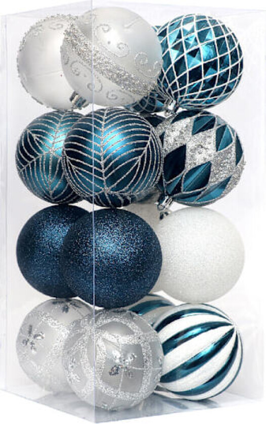 Julepynt, blått-hvitt-sølv uregelmessig malt julekulesett, juletrepynttilbehør
