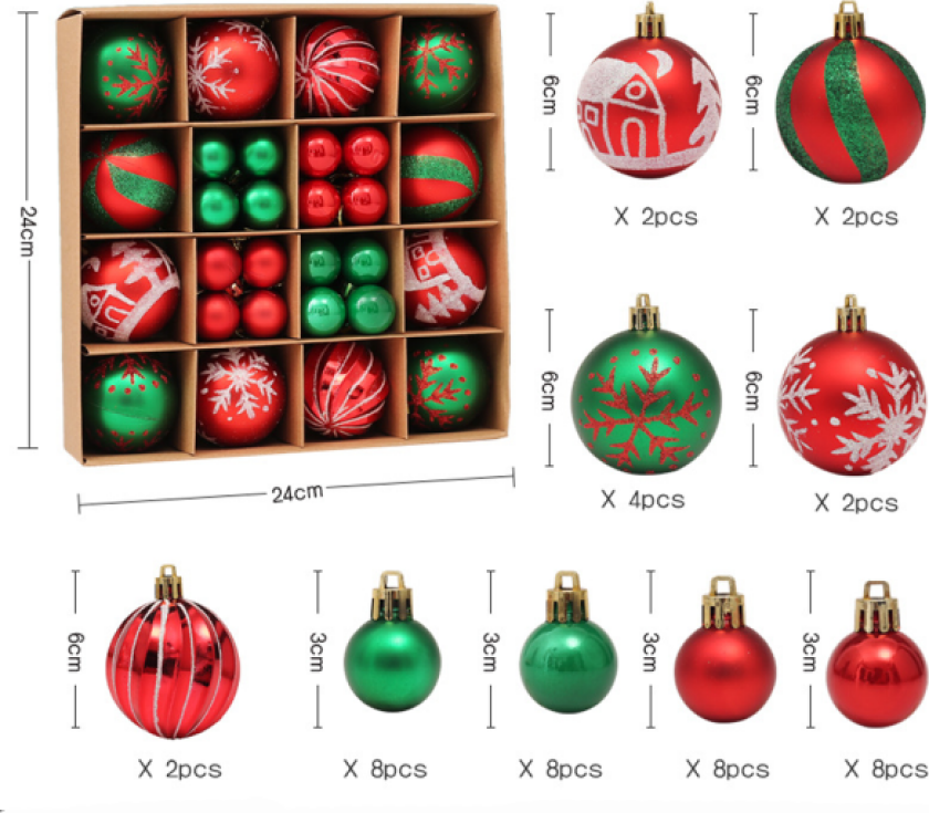 Julekuler Sett, 44 Stykker Plastjulekuler Sett, Juletrepynt Rød - Grønn Jul E