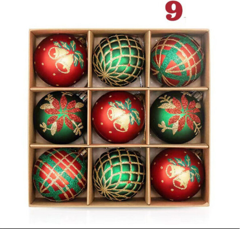 9 stk 6 cm julekuler, juletrepynt, rød mørk grønn