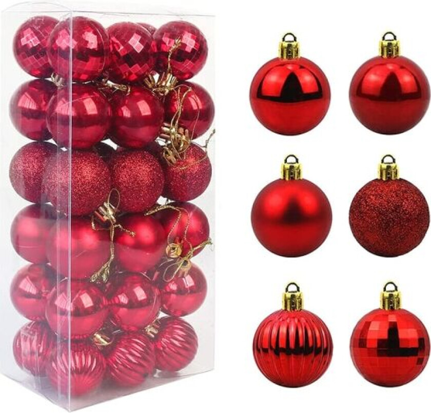 36-pakning julekuler med uknuselige anheng (rød, 4 cm)