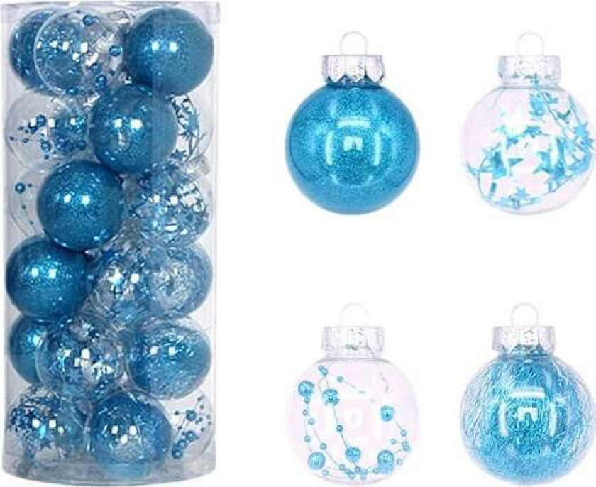 Set med 24 gjennomsiktige julekuler, 6 cm, for juletrepynt Blau