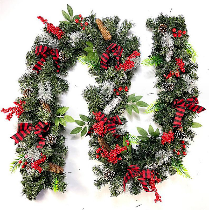 Julekrans i kunstig materiale, dekorasjon til inngangsdør, hjem, fest, høytid, Thanksgiving, julepynt - Grønn/rød (2,7 m, B)