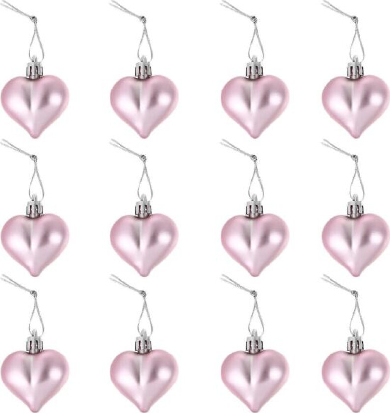 12-pak hjerteformet juledekorasjon anheng julekuler kreativ plast juleanheng hengende ornamenter (rosa) (4,5 cm, rosa)