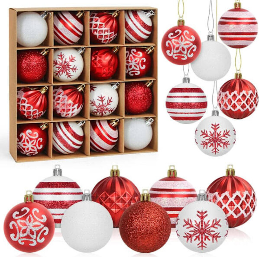 Røde og hvite julekuler, 16 stk julekuler 6 cm, julepynt, malte julekuler i plast med snor