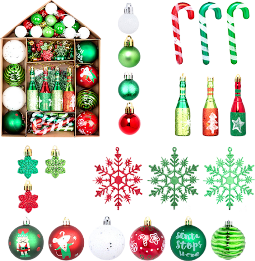 Set med 70 stykker julekuler, malte anheng, for juletre, fargerike kuler, juledekorasjoner