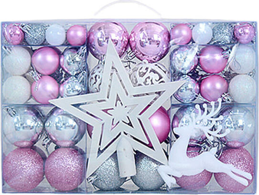 Set med 102 julekuler, juletrepynt, med håndtak, dekorasjonssett Rosa