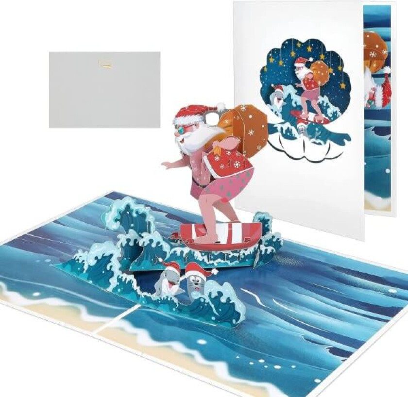 3D Pop Up-kort Julekort, vakkert julemann gratulasjonskort med konvolutt (surf) farge 2