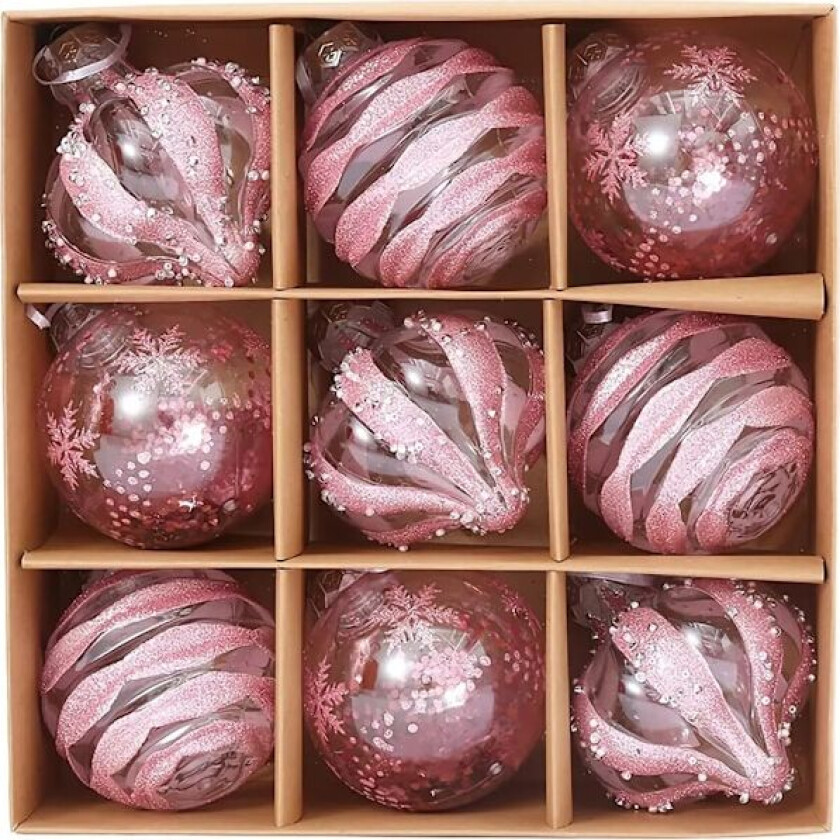 Julekule i rosa, 9 julekuler, julepynt, julekulepynt, hengende kulepynt, dekorasjon