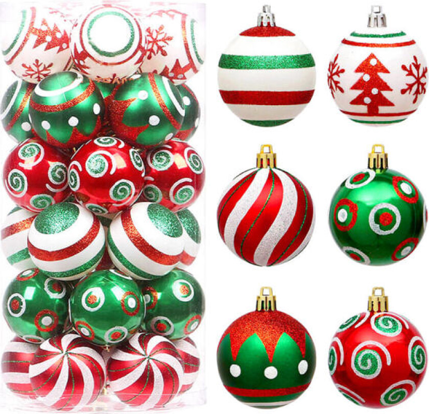 30 stk røde julekuler til juletrepynt, glitrende