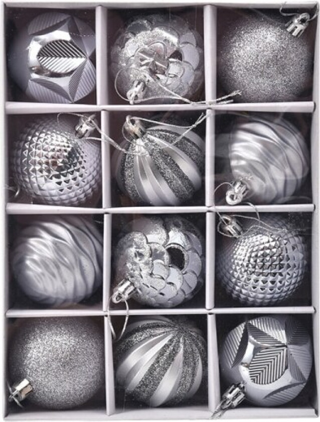 12 stk. julekulepynt, julekuler, matte og blanke juletrepynt, glitrende juletrepynt ∅ 6 cm (sølv)