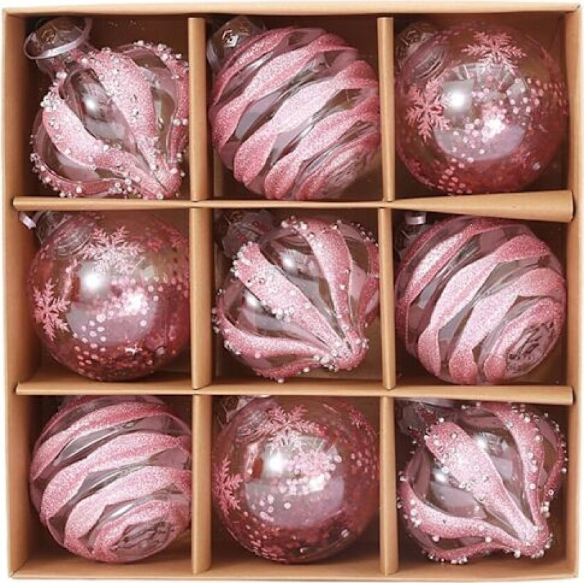 Sett med 9 julekuler, klare glitterhengende dekorasjoner, knusefrie kuler for julepynt hjemme (én størrelse) pink