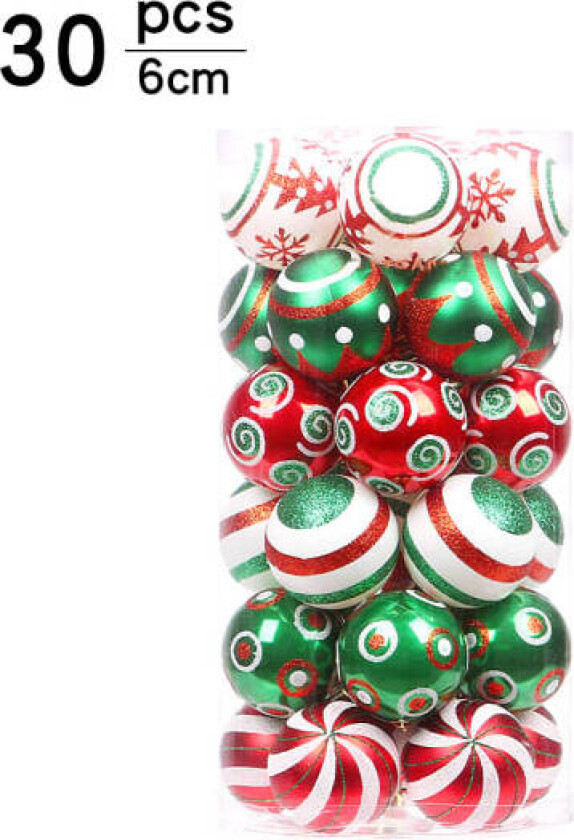 Sett med 30 røde og grønne julekuler - 60 mm - Plast - han