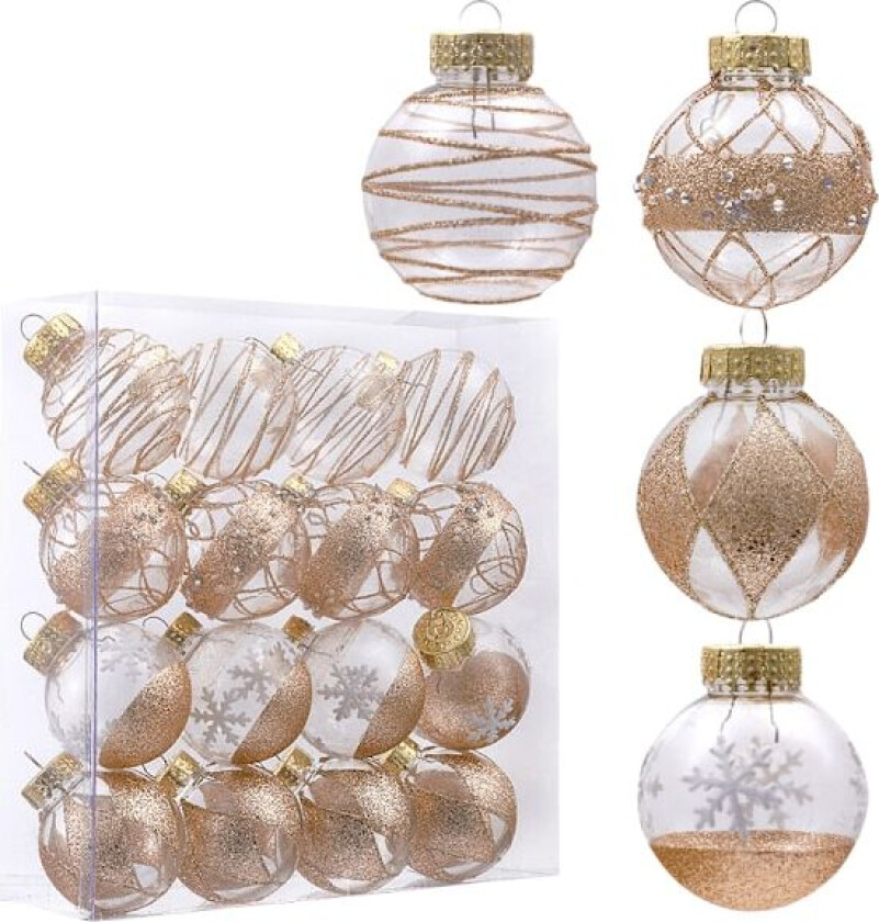 Transparente, håndmalte julekuler, 6 cm, i en boks, juletrepynt Sekt