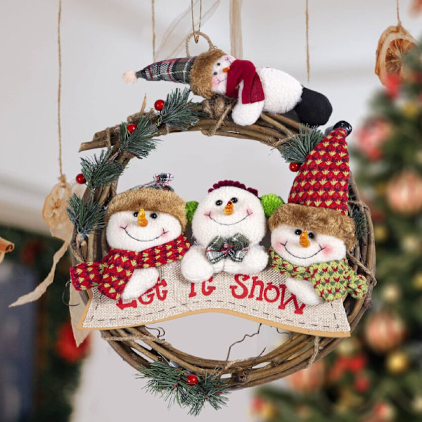 Julekrans for inngangsdøren med snømann, hengende anheng, treblader, unik dekorasjon, pynt til julefest, innendørs og utendørs