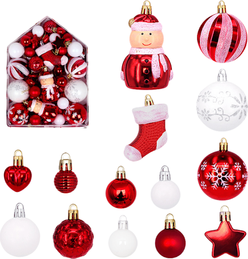 Julekulesett med 72 stykker julekuler, juletrepynt og festlig dekorasjon Rot