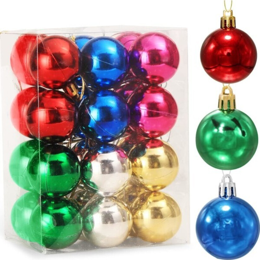 Sett med 24 stk Ø 3 CM fargerike julekuler, juletredekor