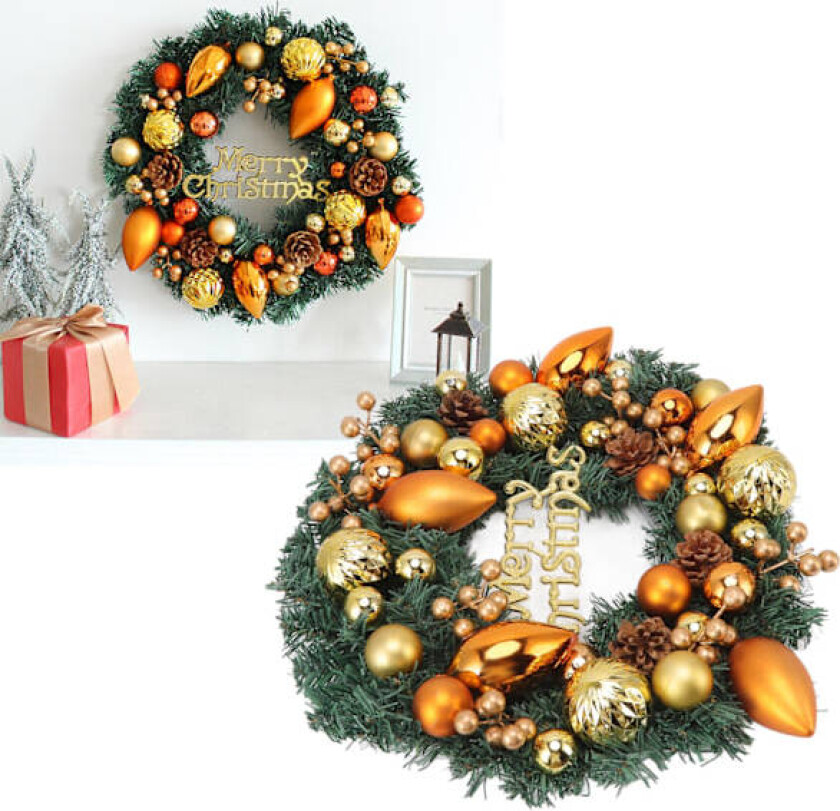 Kunstig julekrans for inngangsdøren, furukongler, gylne kuler, bær for hjem, kjøpesenter, utstillingsvindudekorasjoner