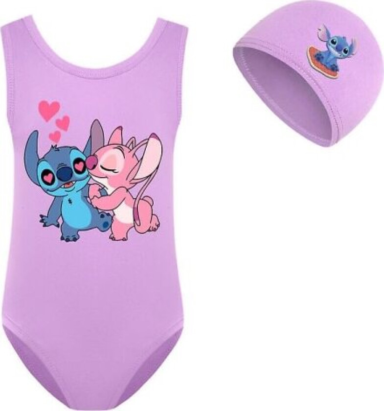 Lilo & Stitch badedrakt for barn jenter tegneserie badedrakt med lue for sommer strandferie basseng surfing lilla 9-10 år Purple 9-10Years