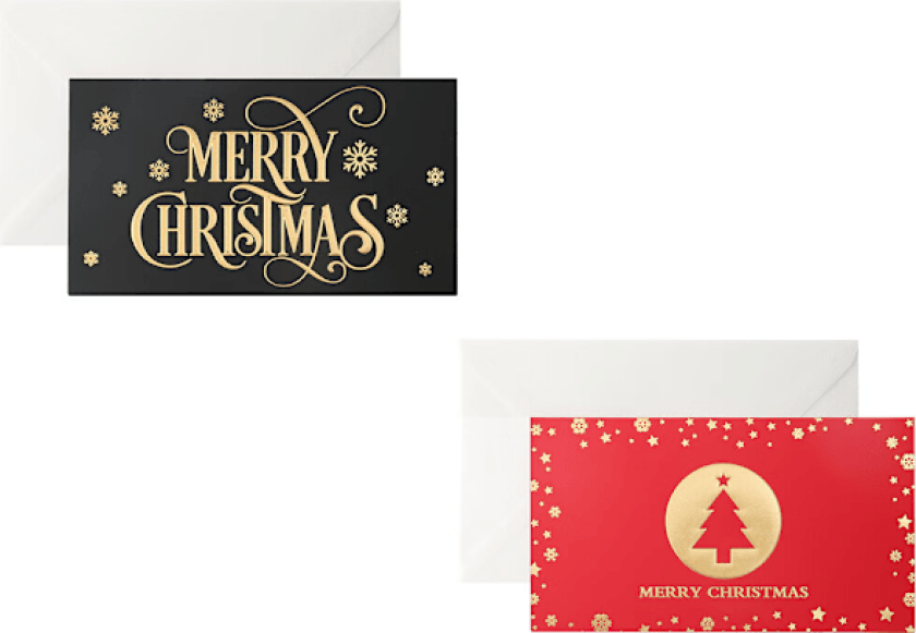 Julekort med preget hilsen, stemplet gratulasjonskort (snøfnugg + juletre)