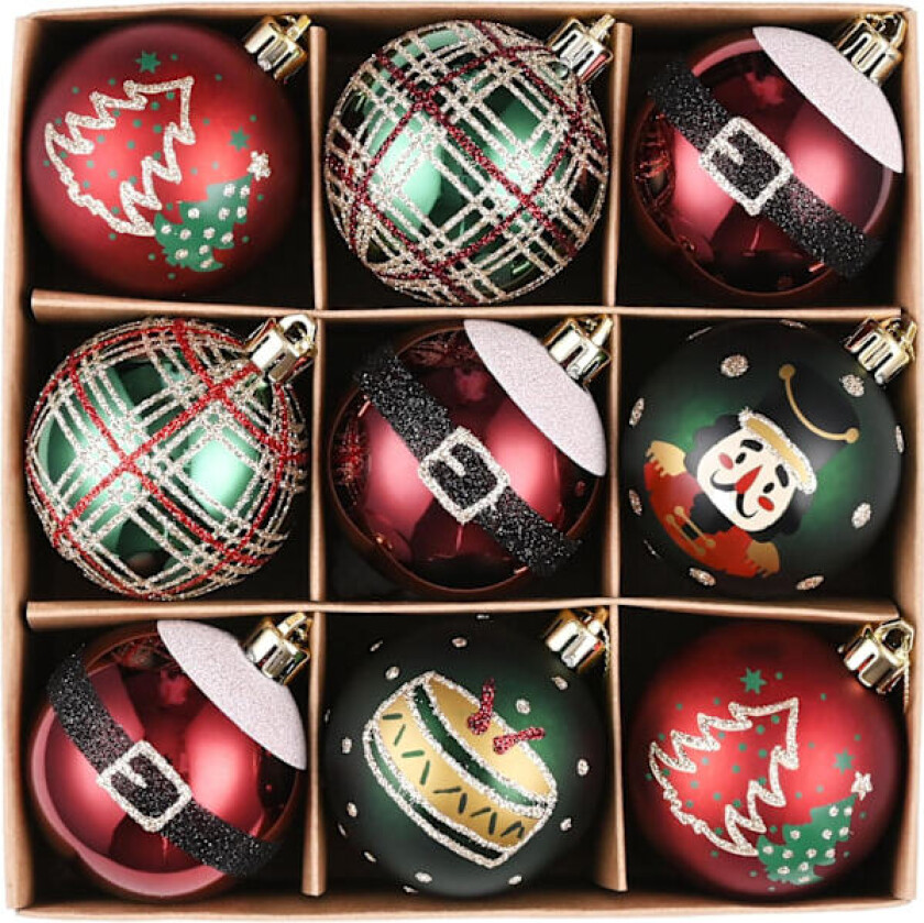 Julekuler, 9 stk 6 cm Røde Grønne Gull Julekulepynt for Juletrepynt Rød Grønn Gull Red Green Gold