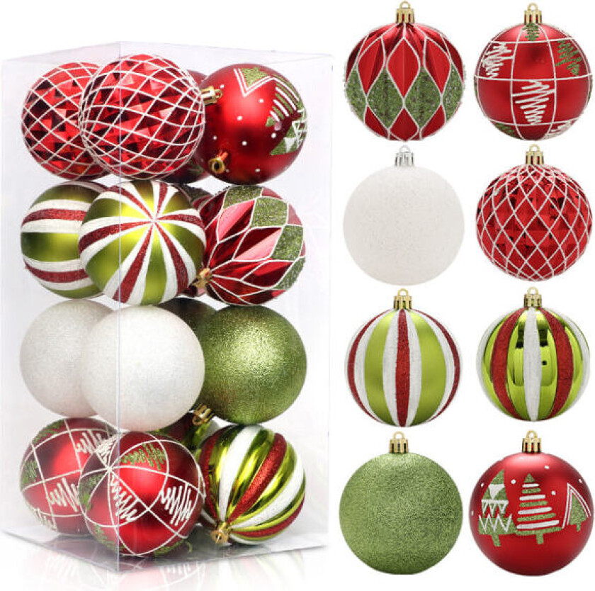 8 cm julekuler ornamenter, 16 stk usynlige fargerike gli