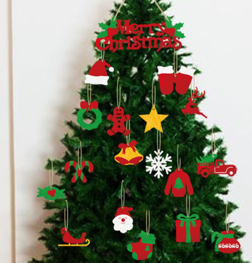 18 stk filt julepynt, julekuler, hansker, lue